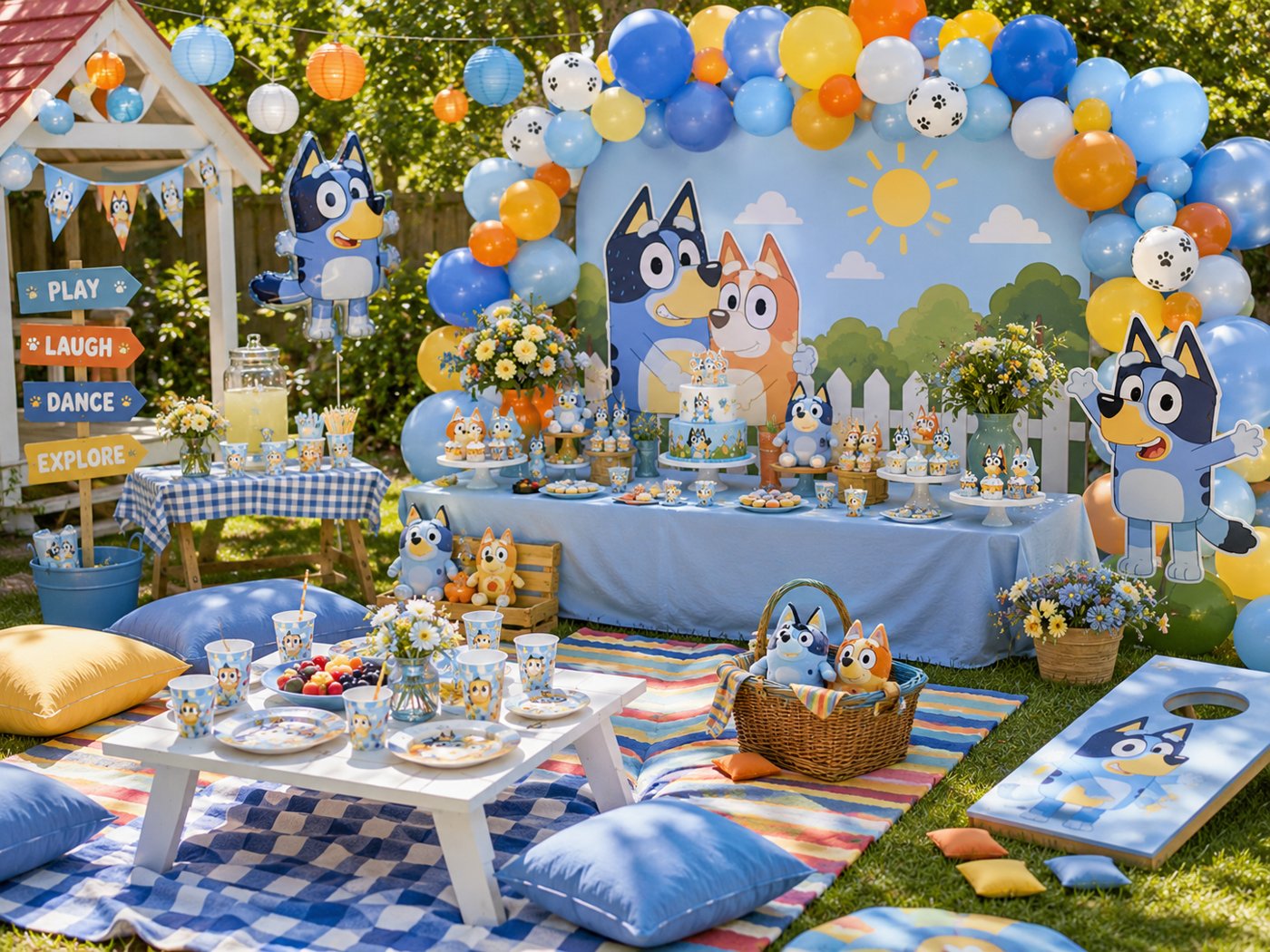 Bluey-inspired backyard birthday party moodboard with blue balloon arch, paw-print plates, and pennant bunting