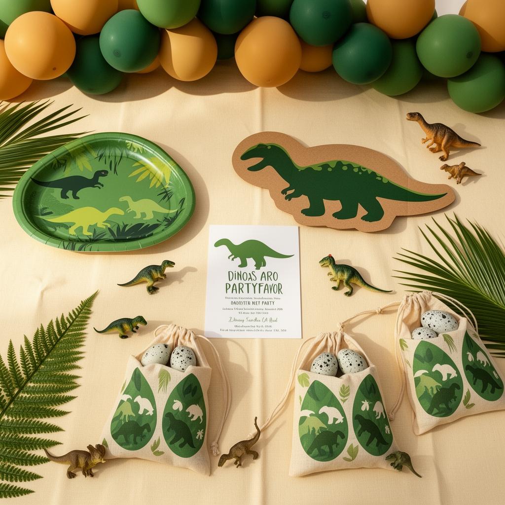 Kids dinosaur birthday moodboard with dino plates, dino invite, and dinosaur egg favors